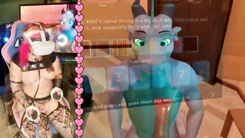 Tattooed e-girl gamer in VR headset posing in revealing harness and fishnets with exposed tits and ass