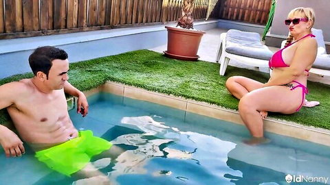 Mature BBW Victoria Vera in pink bikini teases David El Moreno by pool