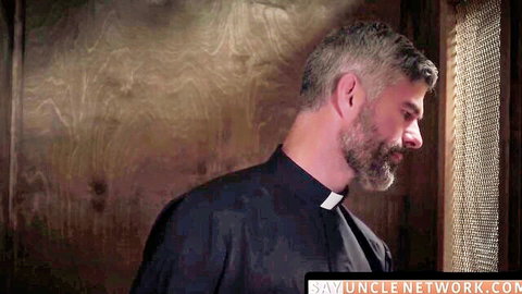 Mature bearded priest in clerical collar, deep in confessional thought before bareback passion