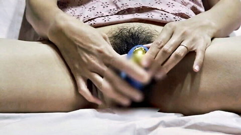 MrsUrara Asian solo masturbation with blue vibrator on pussy, toy review