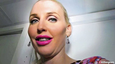 Lexi Lou blonde in pigtails, smiling seductively in sundress close-up