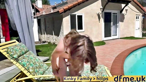 Nude dark-haired beauty in fantasy age difference roleplay by pool