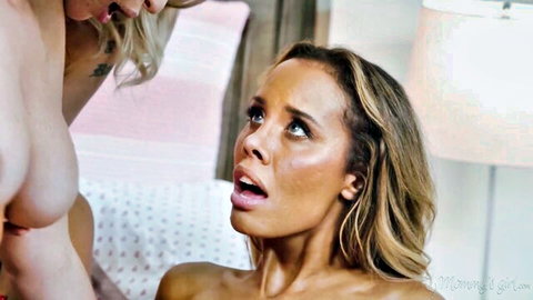 Kylie Le Beau, Annie King, and Emma Rosie in steamy lesbian threesome, exposed breasts
