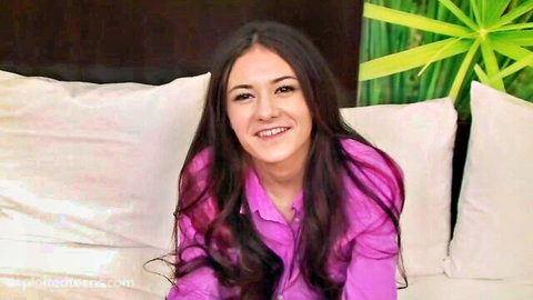 Smiling Nicole in pink shirt, teasing POV preview for hard fuck video