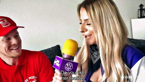 Blonde babe with juicy tits interviewed by pizza guy, teasing smile