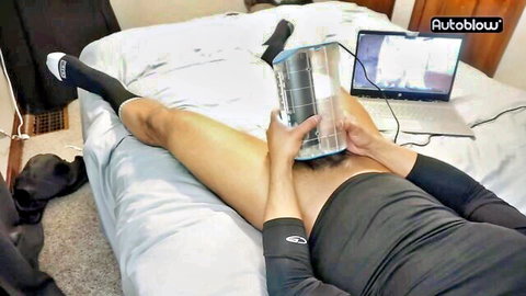 Athletic man edging with Autoblow AI Ultra sex toy, solo masturbation