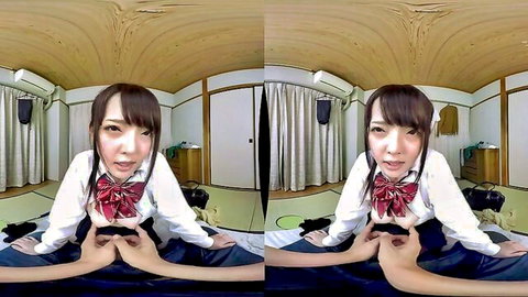 Japanese schoolgirl in seductive POV pose with legs spread in VR