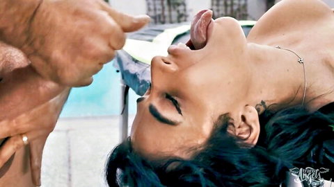 Man shoves fingers deep into hot nude Latina's wide-open mouth with tongue out by pool