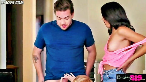 Latina stepsis pulls up pink top exposing perky tits as stepbro gropes her breast passionately