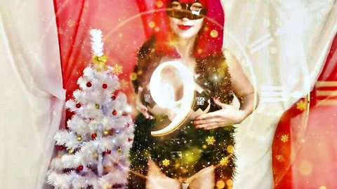 Seductive redhead MILF in mask and sparkly lingerie holds New Year 9 balloon