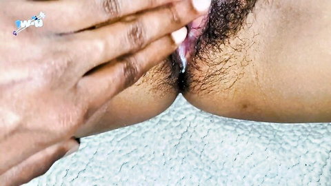 Ebony teen ass spread wide with creampie visible, stepbro hands