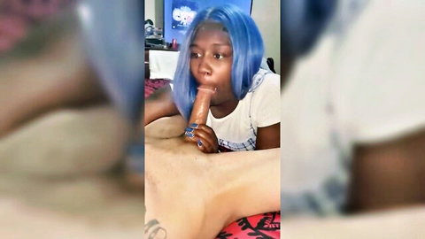 Young ebony babe with blue wig sucks thick tan cock POV blowjob