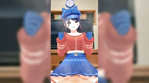 POV of pale anime video game girl in blue clock hat and short skirt spreading legs teasing
