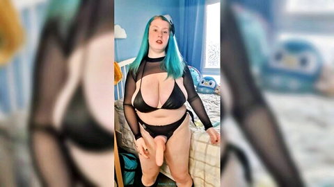 Curvy teal-haired babe in black mesh lingerie posing with big dildo solo