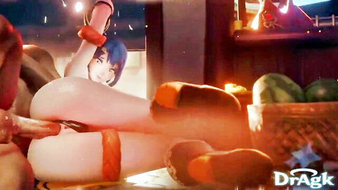 Anime blue-haired girl in orange stockings fucked from behind