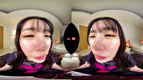 Cute Asian babe in pink sailor uniform pouts teasingly in distorted VR selfie on bed