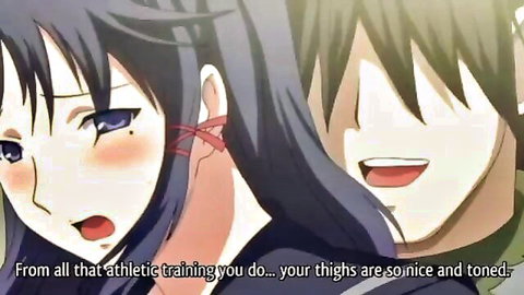 Hentai anime girl with toned thighs embraced by smiling guy, blushing expression