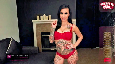 Lily Lane in red lingerie, tattooed tease in try not to cum challenge