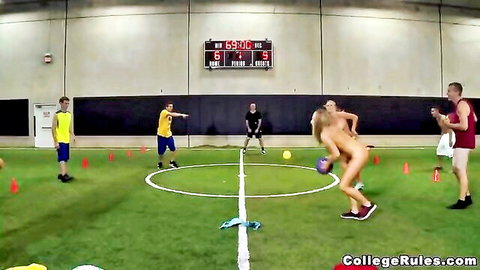 Blonde college teen nude playing ball in group sports game before oral sex