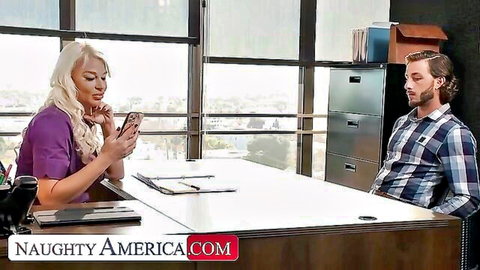 Blonde London River in office desk scene with colleague, Naughty America