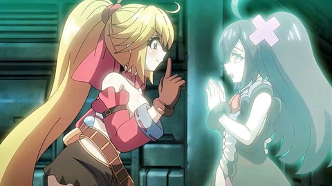 Busty blonde anime girl shushing pleading ghostly blue-haired hentai babe
