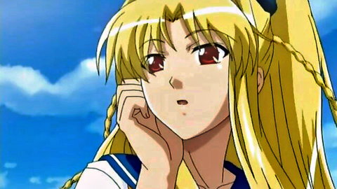 Blonde hentai teen schoolgirl in sailor uniform with surprised O-face and hand to cheek