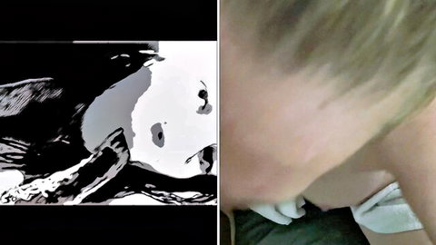 Blonde woman in intense close-up blowjob with cum on neck, artistic panda overlay