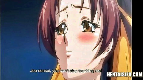 Blushing anime schoolgirl in yellow top pleads with sensei in hentai scene