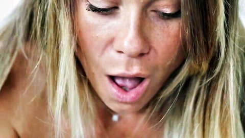 Blonde Kalyssy JOI close-up with open mouth and sweaty face