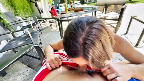 Busty brunette Aderes Quin giving POV blowjob outdoors