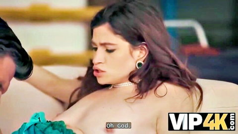 Skinny young brunette with small tits topless, groped by man as she moans oh god