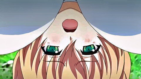Blushing anime hentai girl with green eyes and red clown nose looking down intensely