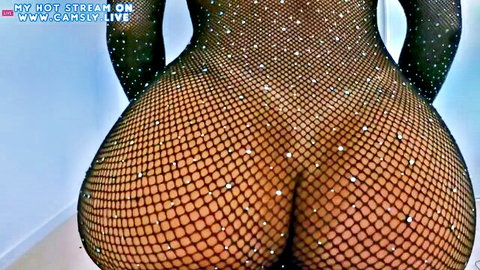 Brunette in sheer fishnet bodysuit teasing big round ass view