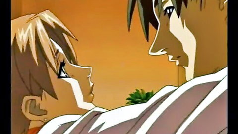 Blonde anime schoolgirl gazes lustfully up at intense handsome guy in close-up hentai tease