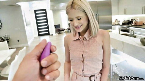 Skinny blonde teen Jessie Saint smiles as purple vibrator teases her crotch