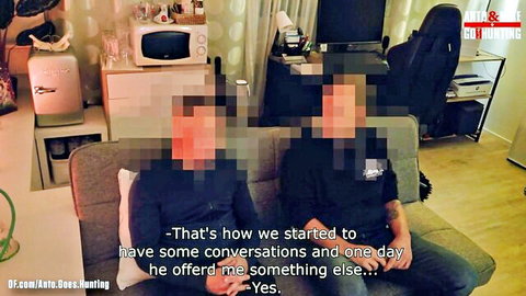 AntoGoesHunting catches two clothed men chatting on couch in gay setup