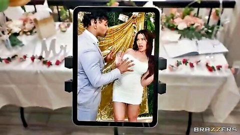 Interracial bride in tight white dress holds hands with black groom at wedding altar in Brazzers scene