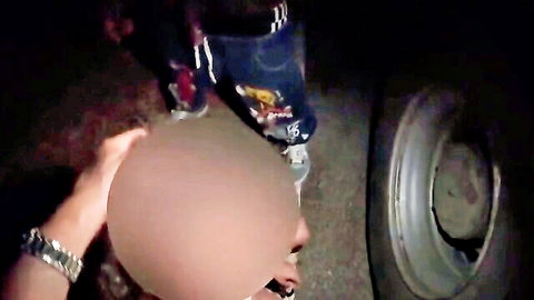 Wife sucking black man's cock in dark parking lot outdoors