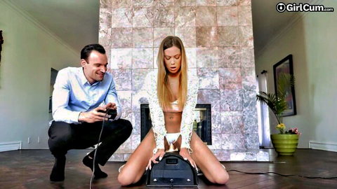 Avery Cristy topless on Sybian with older man watching, blonde babe exposed