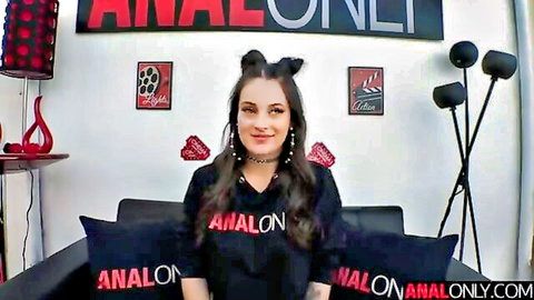 Maddy May smiling in Anal Only shirt with cat ears, first anal scene preview