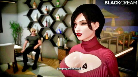 3D busty Asian hentai babe with massive exposed tits laughing seductively near white cuckold guy
