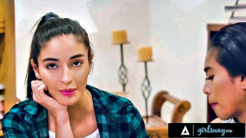 Emily Willis and Ember Snow in casual plaid shirt chat, sexy lesbian tease