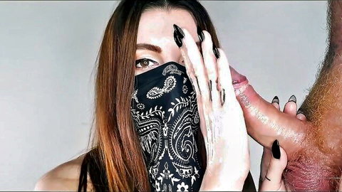 Nikki the Latina seduces with wild handjob passion, masked face