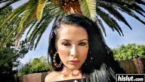 Seductive brunette Latina teases outdoors under palms, anal preview with black stud