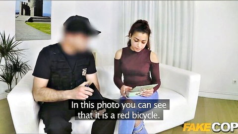 Fake cop in uniform chats with juicy brunette hottie on couch