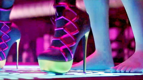 Sexy neon glowing high heels on bare legs and feet in vibrant purple CGI fetish scene