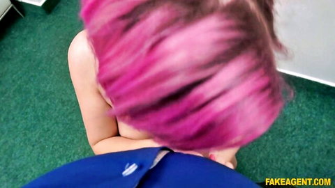 Alex Bee pink-haired punk in wild office doggystyle with James Brossman