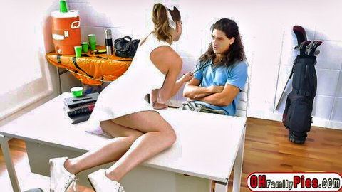 Busty teen in tennis skirt grabs coach's bulge on desk