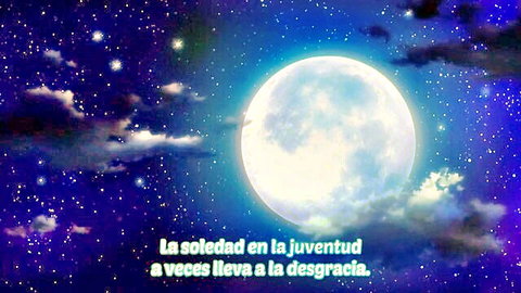 Anime night sky with glowing full moon stars clouds and Spanish quote on youth loneliness