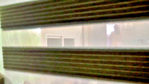 Blurry voyeur view through wooden blinds into room with shadowy figure teasing taboo secrets
